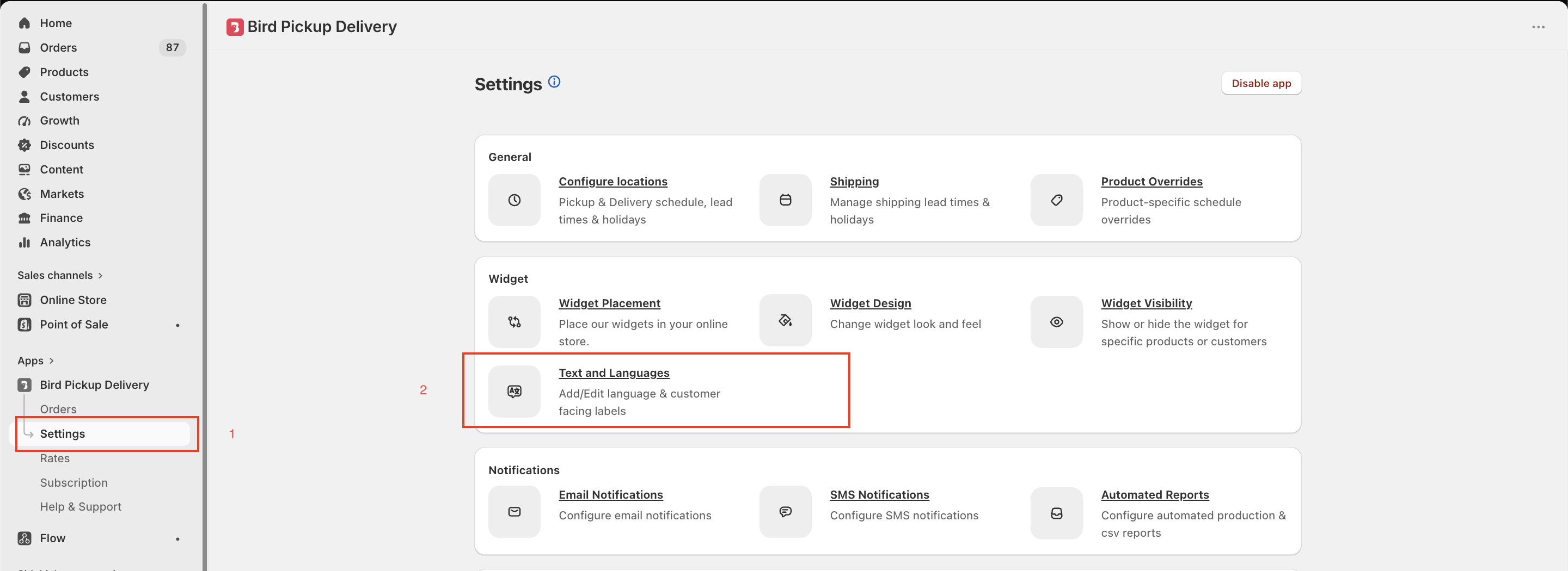 Bird App Settings with Text and Languages highlighted