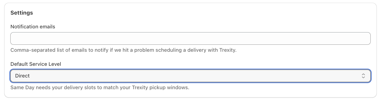 Shows the Trexity Settings card with notification emails and the Default Service Level set to Direct