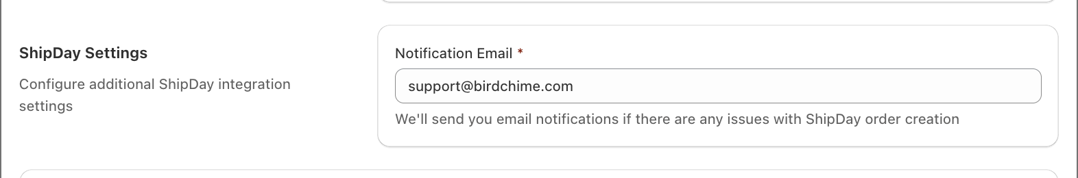 Shipday Settings showing the Notification Email field