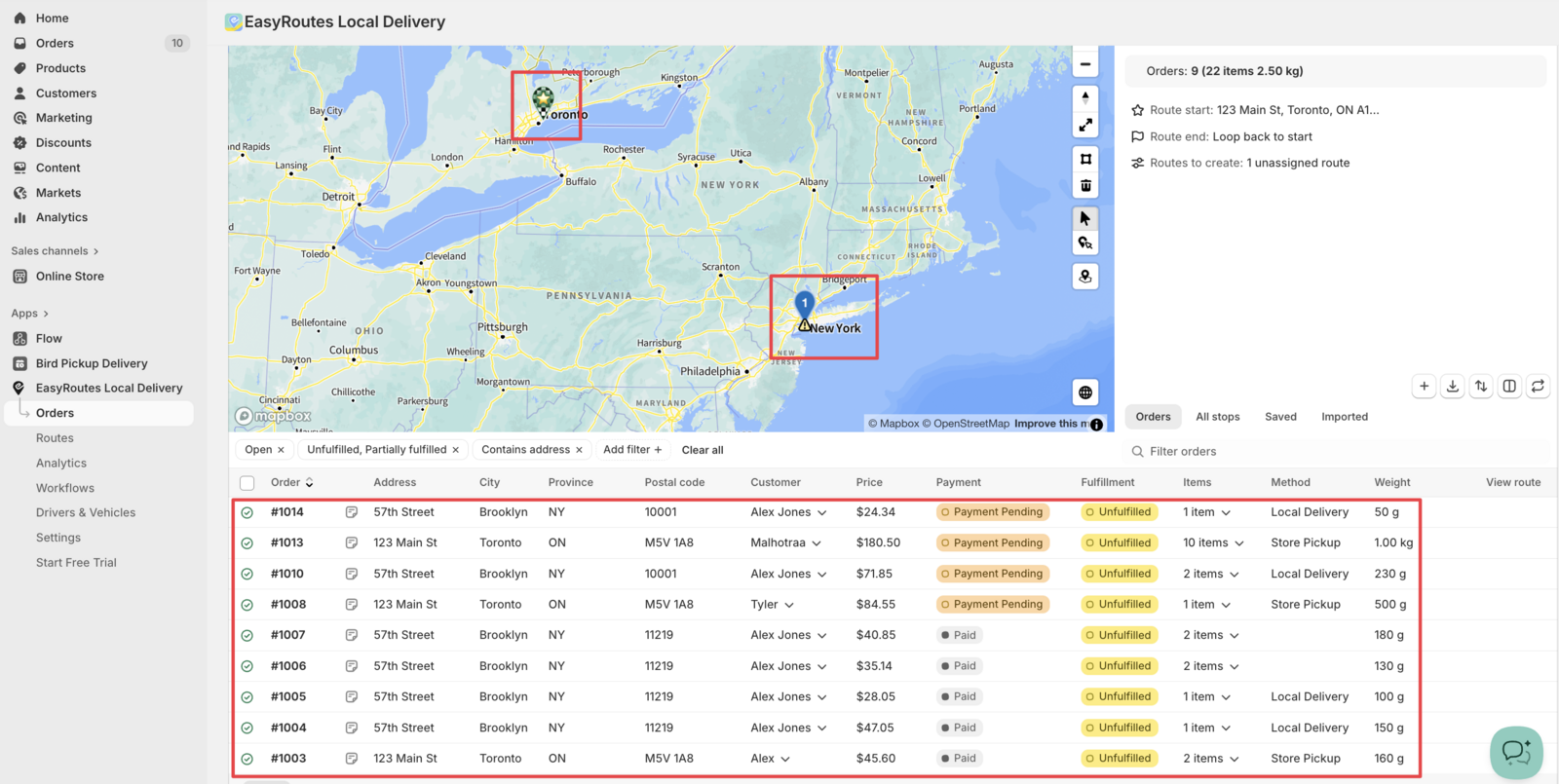 EasyRoutes dashboard showing automatic delivery date synchronization from Bird Pickup & Delivery
