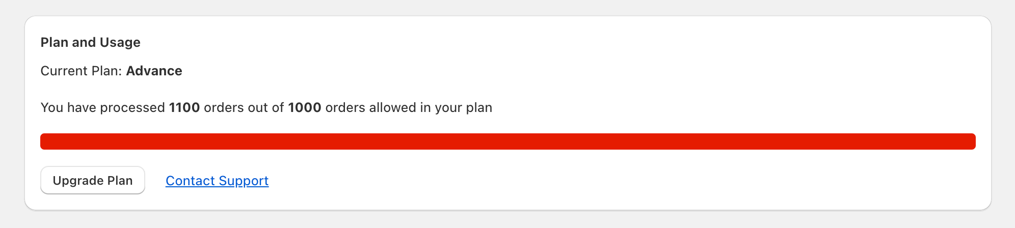 Plan and Usage card showing orders used against the plan limit with an Upgrade Plan option