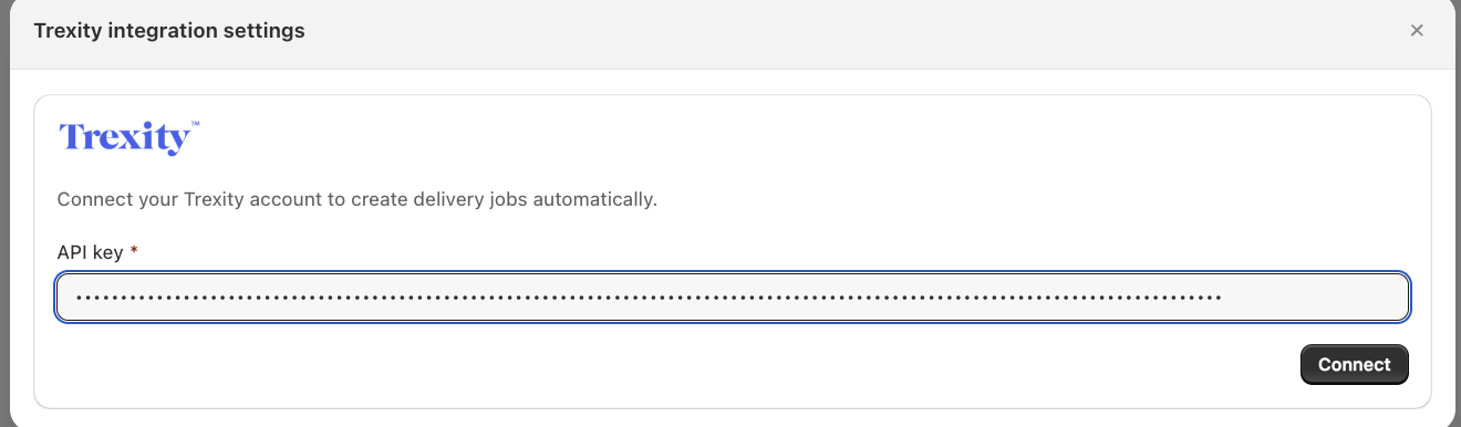 Shows the Trexity integration settings with the API key field and Connect button