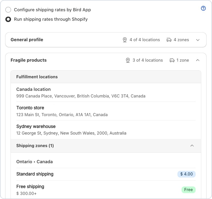 Shipping profiles in Bird's Rates page, one collapsed and one open showing its locations and shipping zone