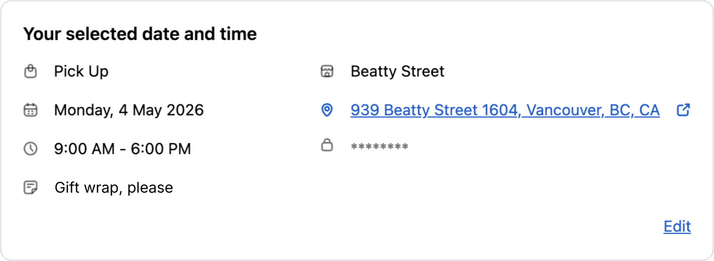 Thank-you page pickup details with the store name and address shown separately
