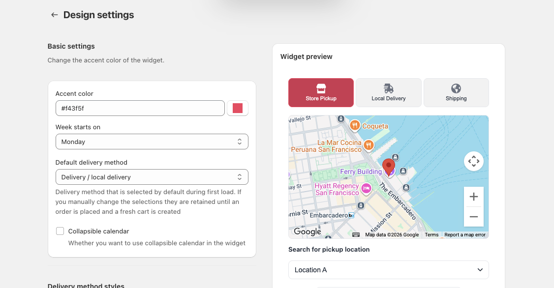 Design settings page with Basic settings on the left and the Widget preview on the right, showing the Store Pickup tab and a map of the selected pickup location