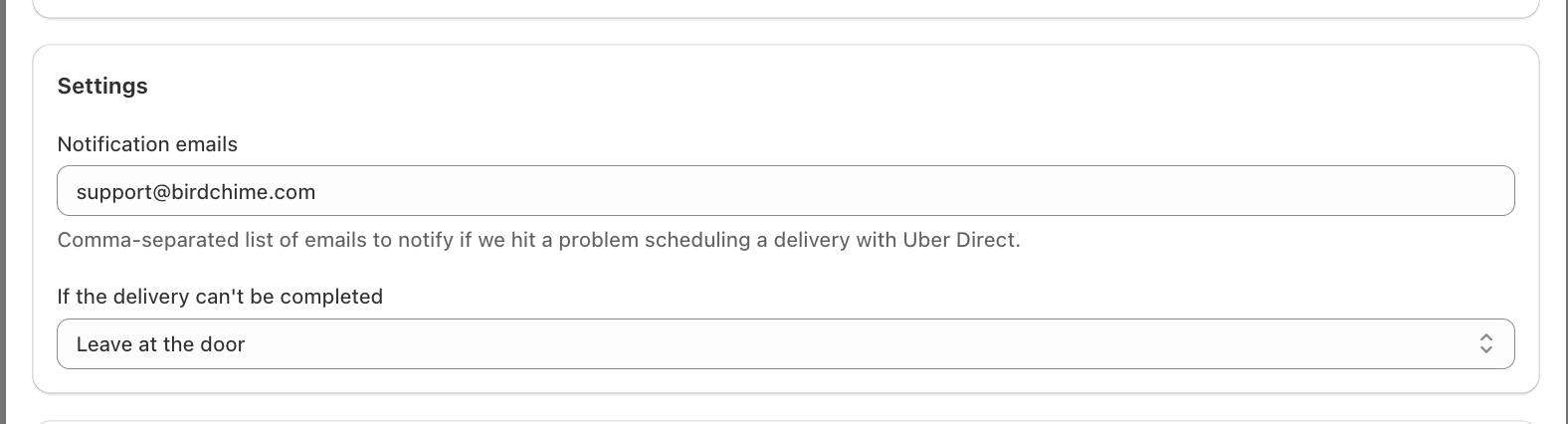 Notification emails field and the "If a delivery can't be completed" setting