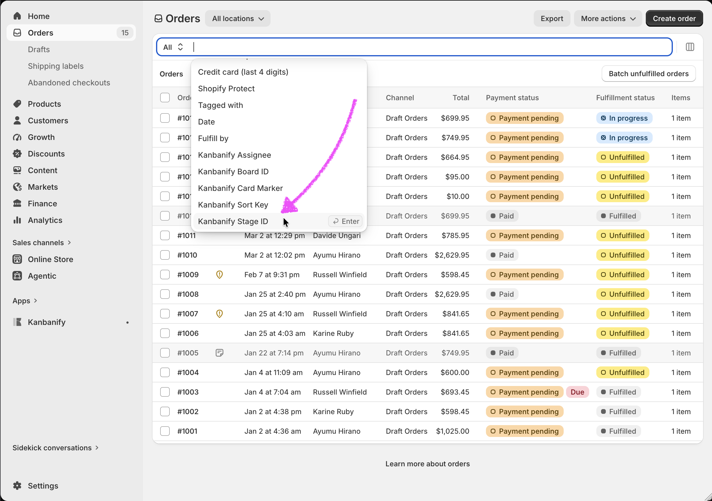 Filtering orders by the Kanbanify Stage ID metafield