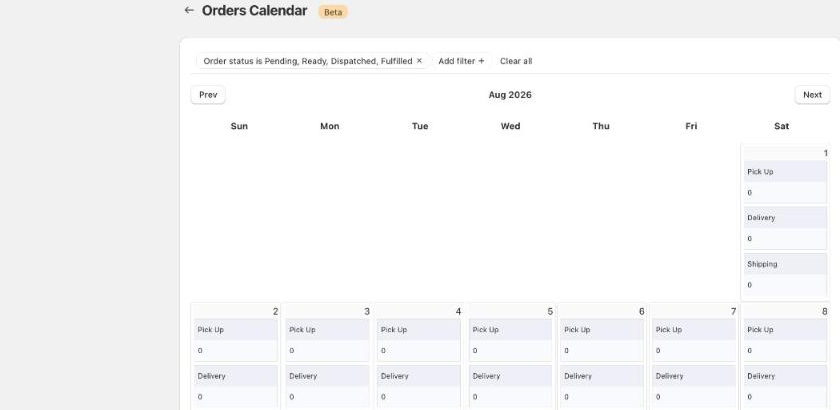 Shows the Orders Calendar page with the month grid, Prev/Next navigation, and per-day Pick Up, Delivery, and Shipping order counts