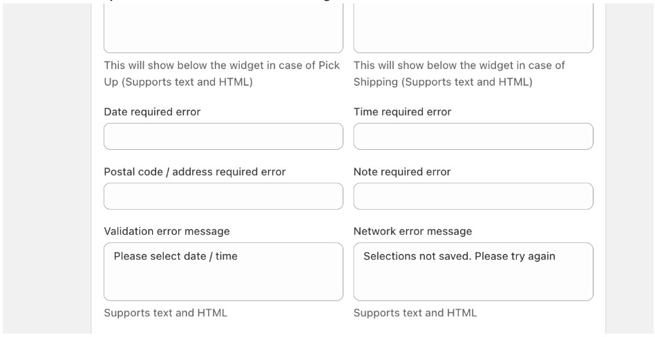 Settings for configurable checkout error messages on missing delivery fields