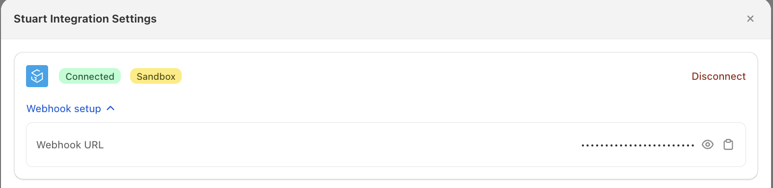 Stuart shows Connected and Sandbox status with webhook setup