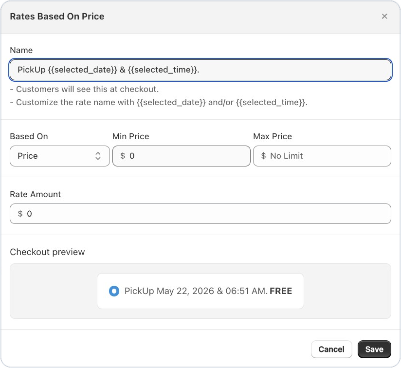 Rate settings in Bird with a rate name using the date and time, and a checkout preview showing how customers will see it