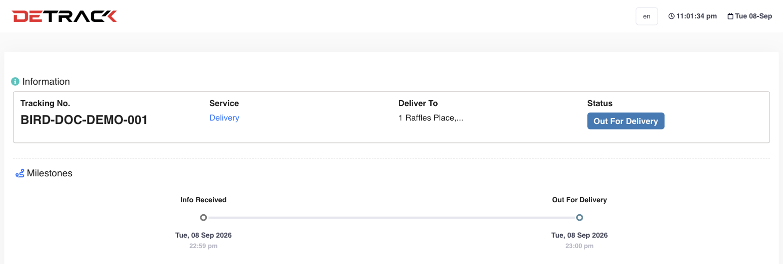 DeTrack's live tracking page, showing the tracking number, delivery address, and status milestones for an order
