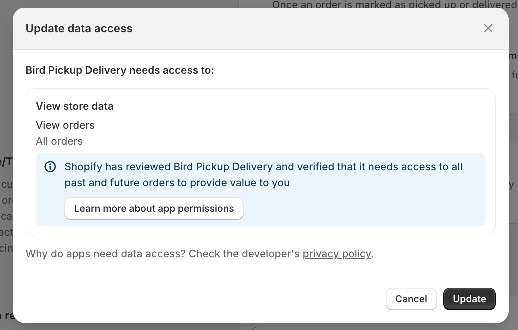 Shopify's "Update data access" dialog asking the merchant to approve Bird Pickup Delivery's request to view all past and future orders