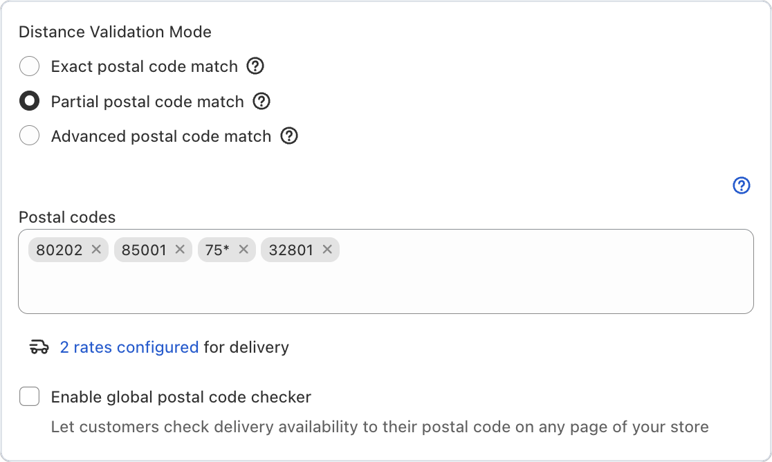 Postal codes shown as separate tags in Bird's delivery settings