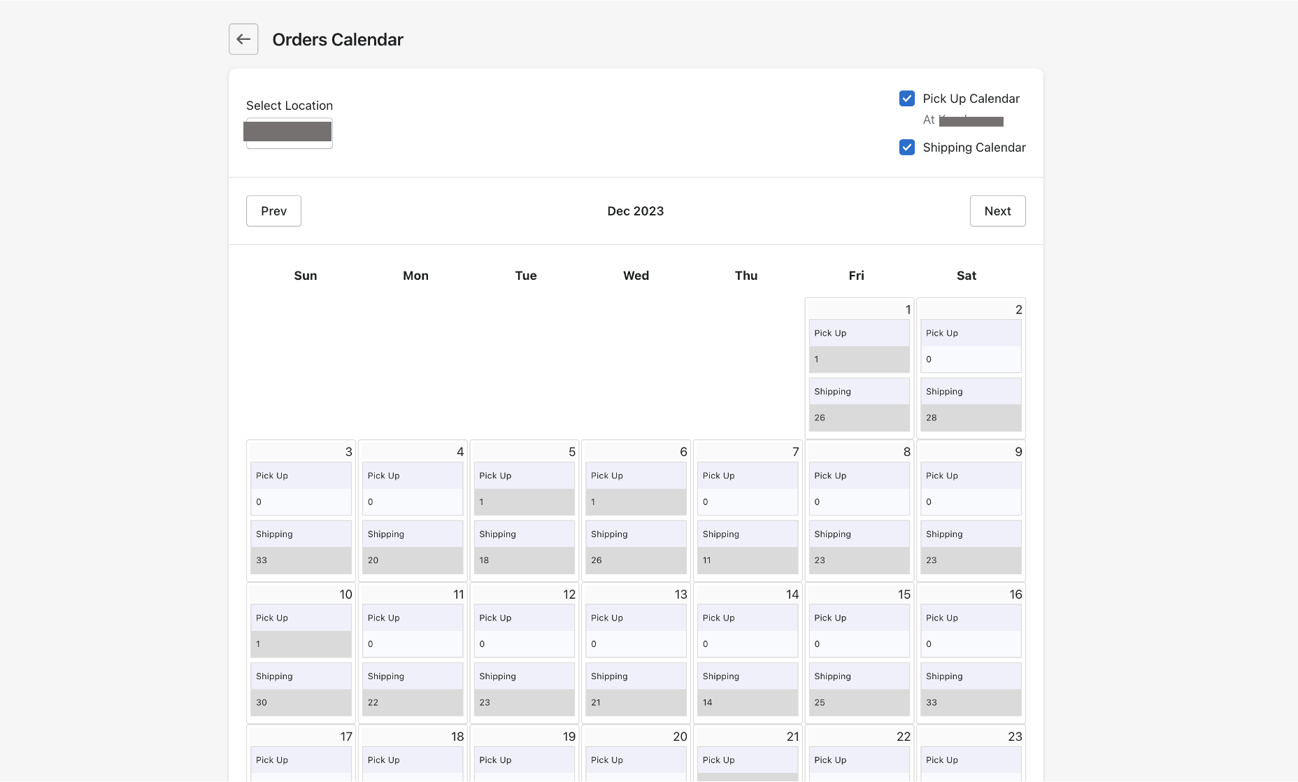 Orders Calendar showing daily pickup and shipping order counts