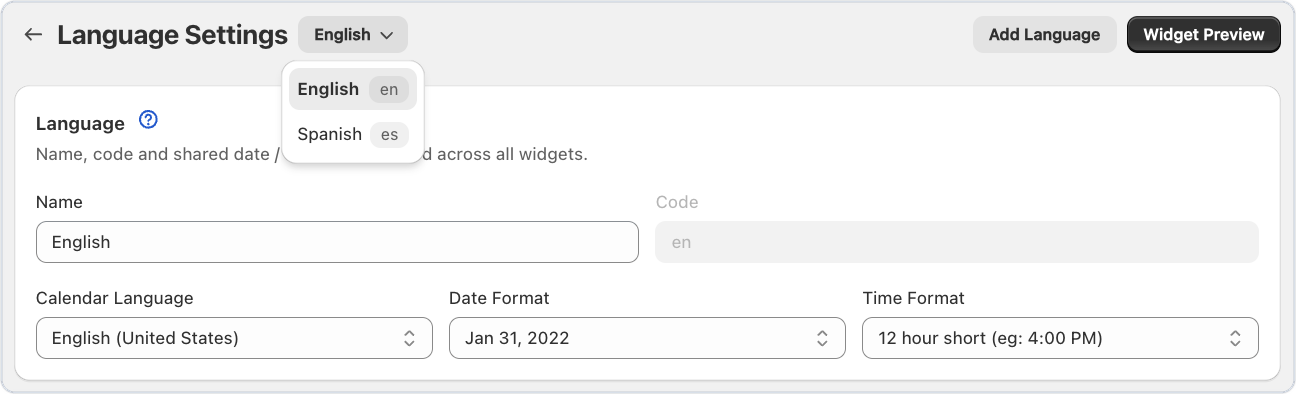Language picker next to the page title in Bird's Text and languages settings