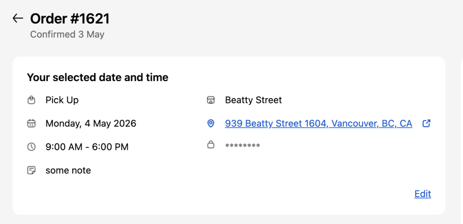 Thank you page widget showing store name and address in separate sections