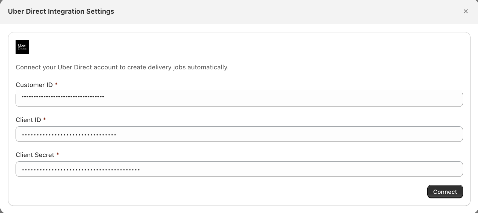Enter your Uber Direct Customer ID, Client ID, and Client Secret to connect