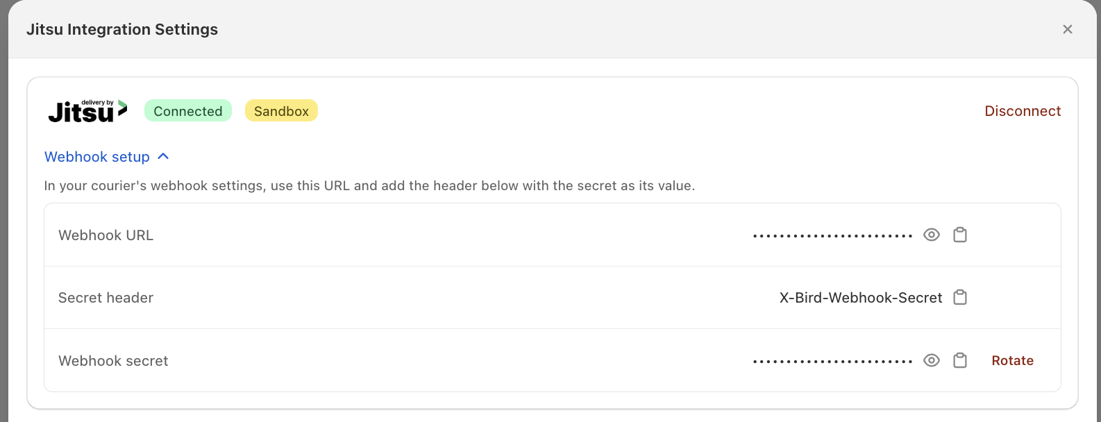Jitsu Integration Settings with Webhook setup expanded, showing the Webhook URL, Secret header name, and Webhook secret fields