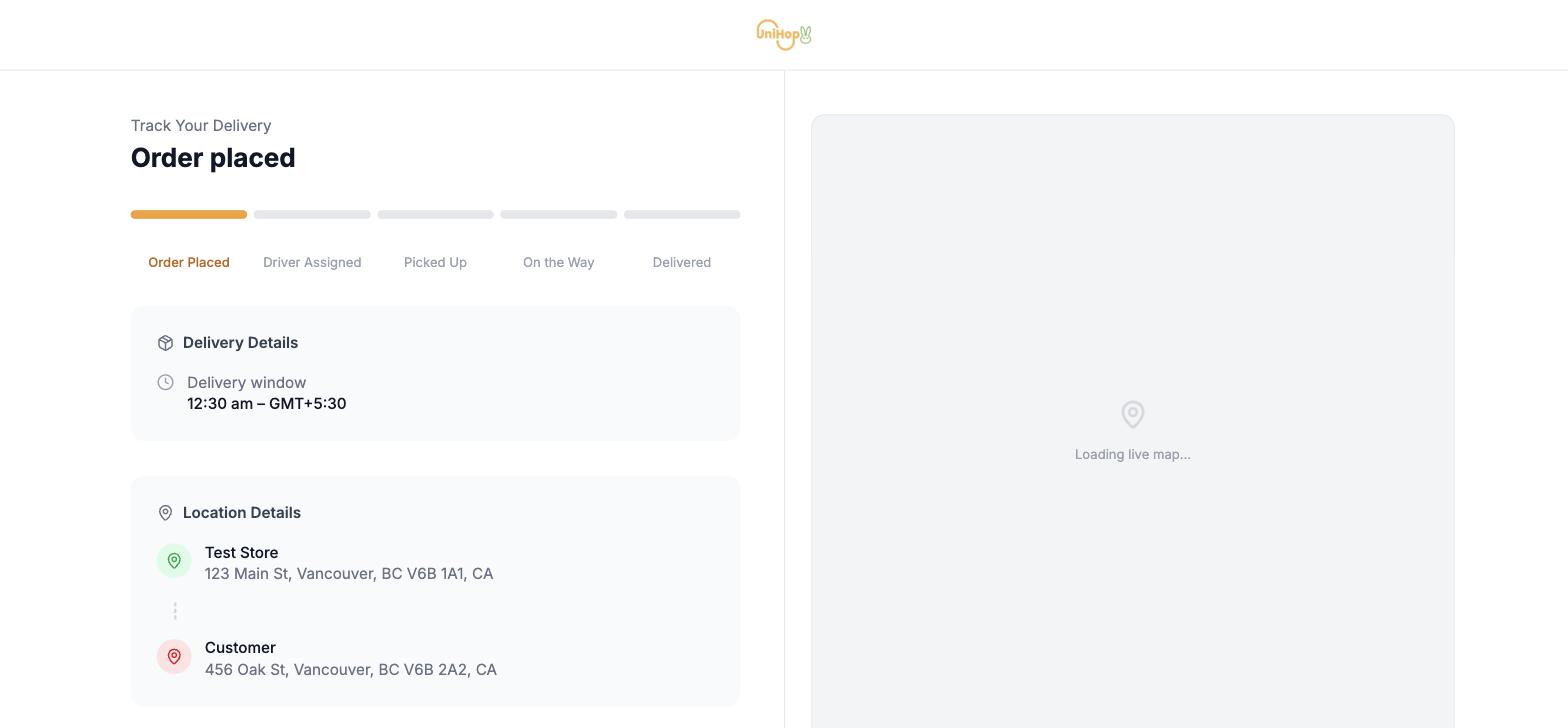 UniHop's live tracking page, showing delivery status and location details for an order