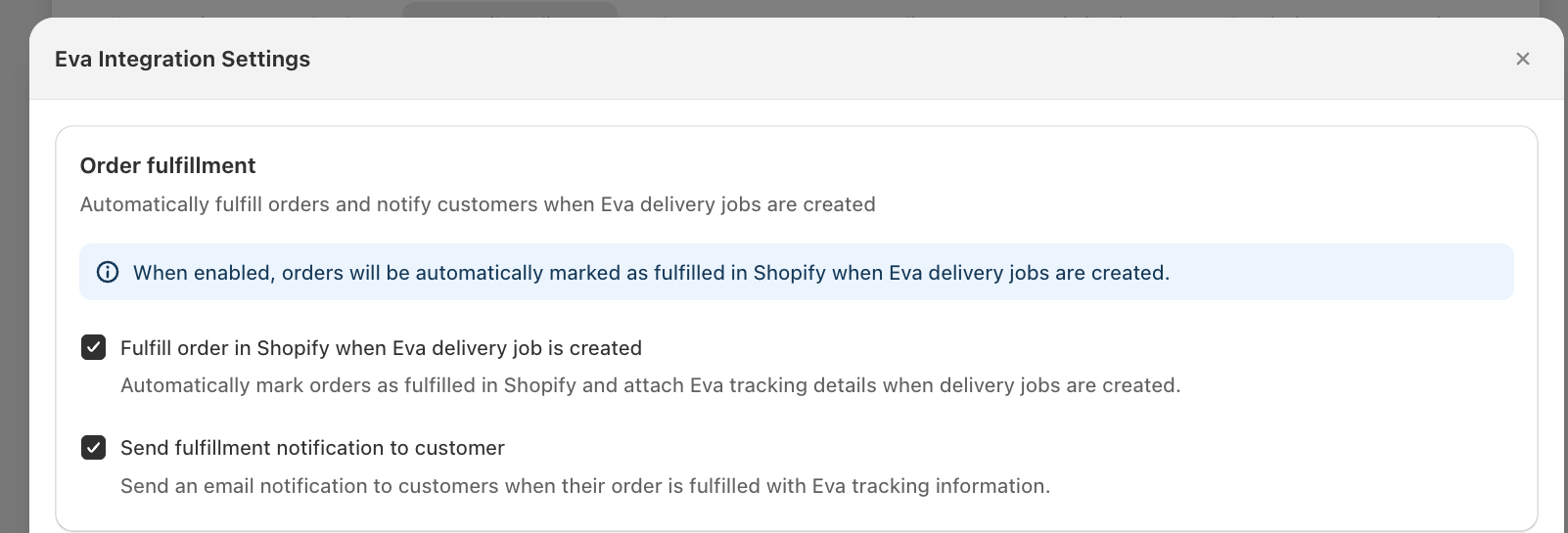 Order fulfillment panel with both toggles checked, showing the info note about automatic Shopify fulfillment
