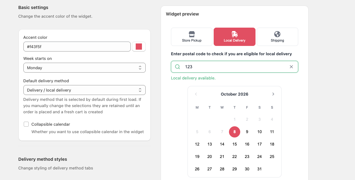 Basic settings with a red accent color, Monday week start, Delivery / local delivery as the default method and the collapsible calendar off, so the Widget preview shows the full calendar in that accent color