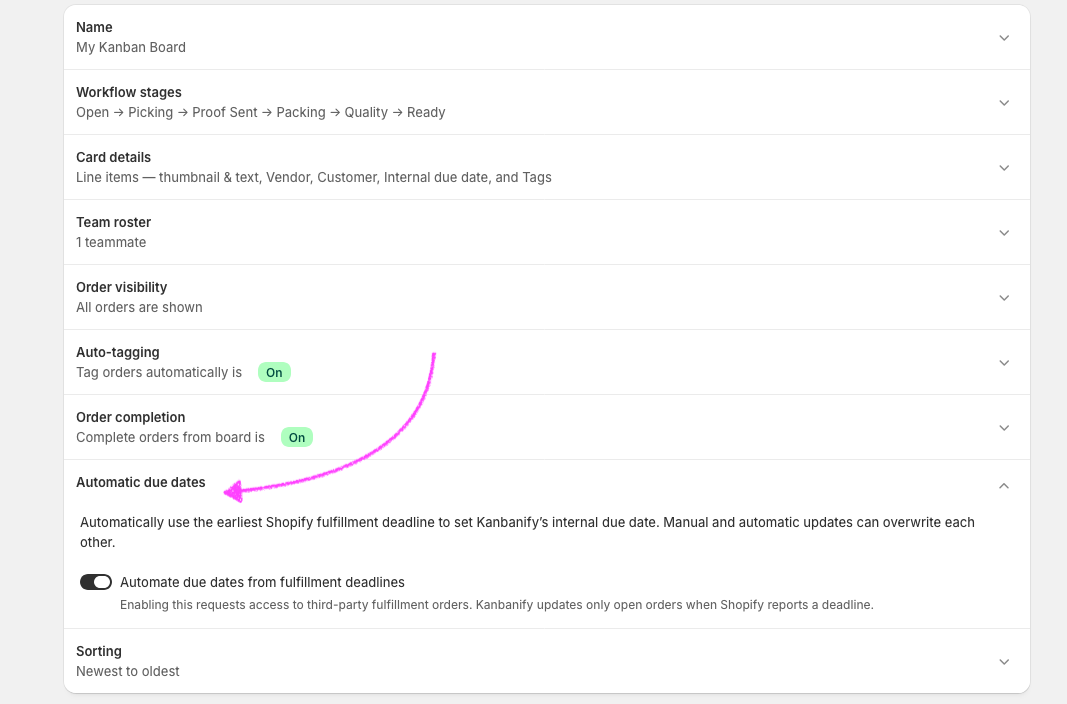 Screenshot of the Automate due dates section in the Settings