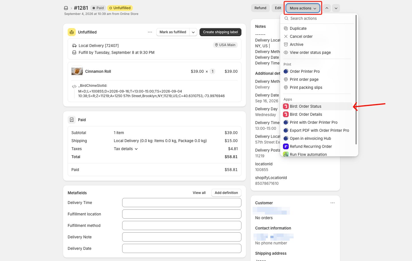 Shopify admin order page with the More actions menu open and Bird: Order Status highlighted under Apps