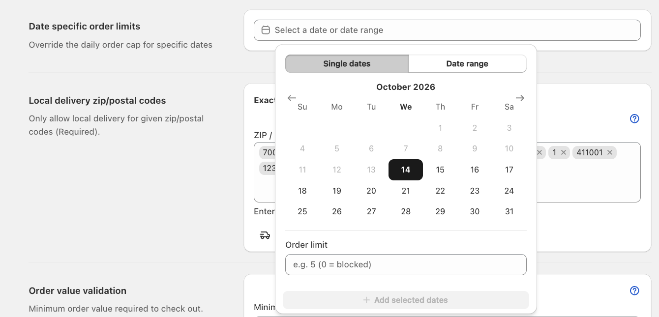 Date specific order limits with the date picker open, showing Single dates, Date range and the Order limit field