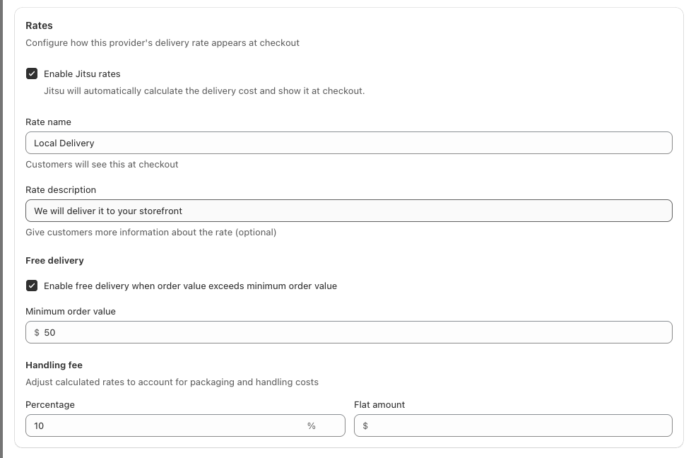 Configure Jitsu rate name, free delivery threshold, and handling fee
