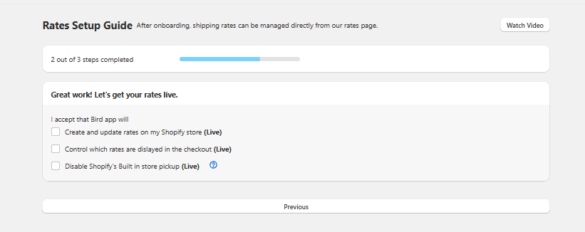 Final step of the Rates Setup wizard showing the three confirmation checkboxes, including Disable Shopify's Built in store pickup