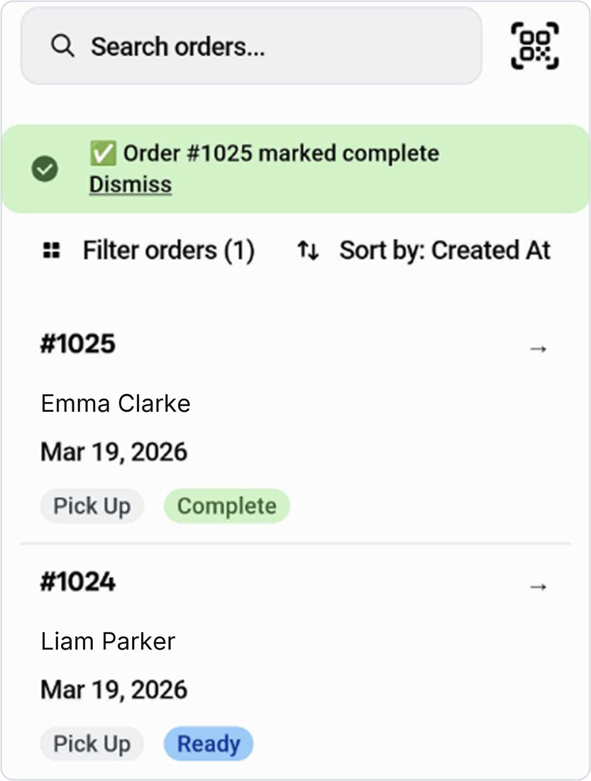 Bird's View Orders screen in Shopify POS with the QR scan button and an order marked complete