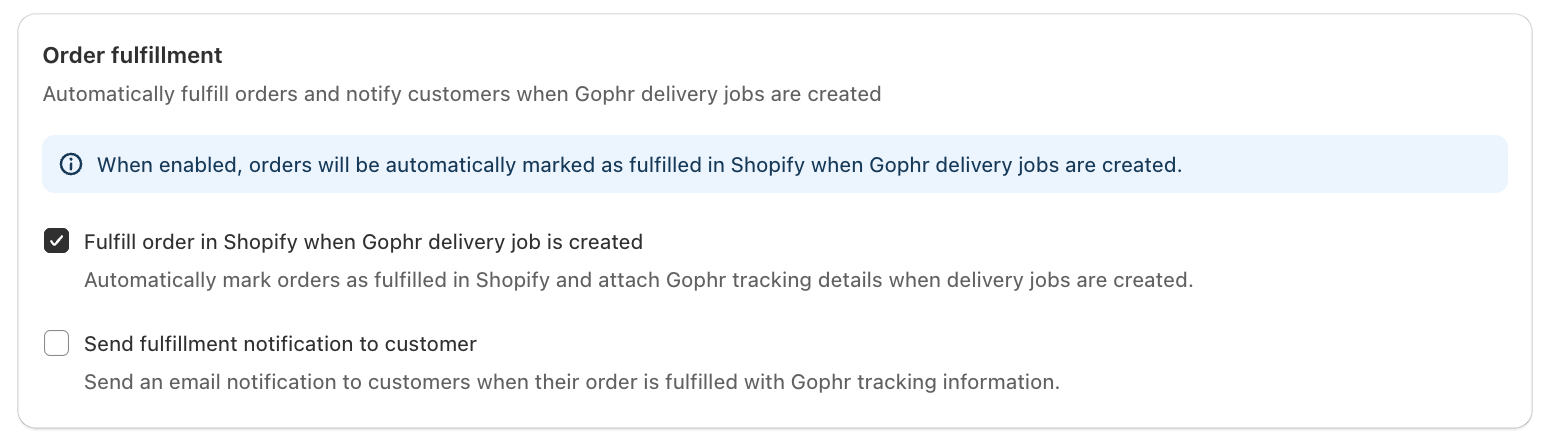 Shows the Gophr Order fulfillment options for fulfilling in Shopify and notifying customers