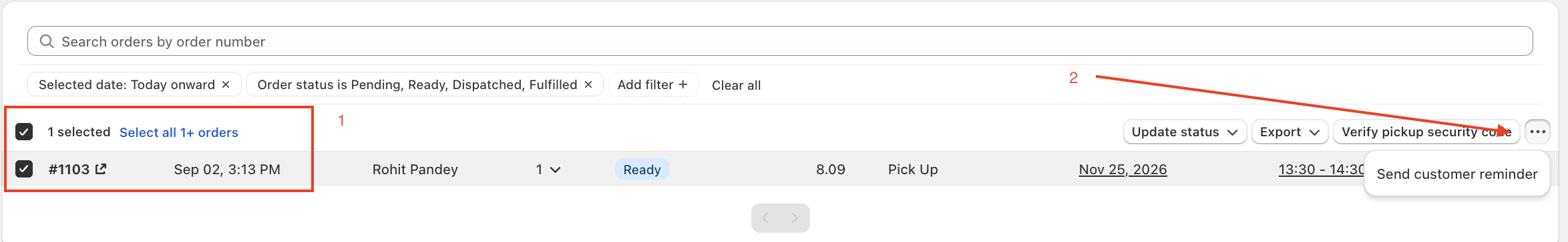 Bird Orders page with one order selected and Send customer reminder in the more actions menu