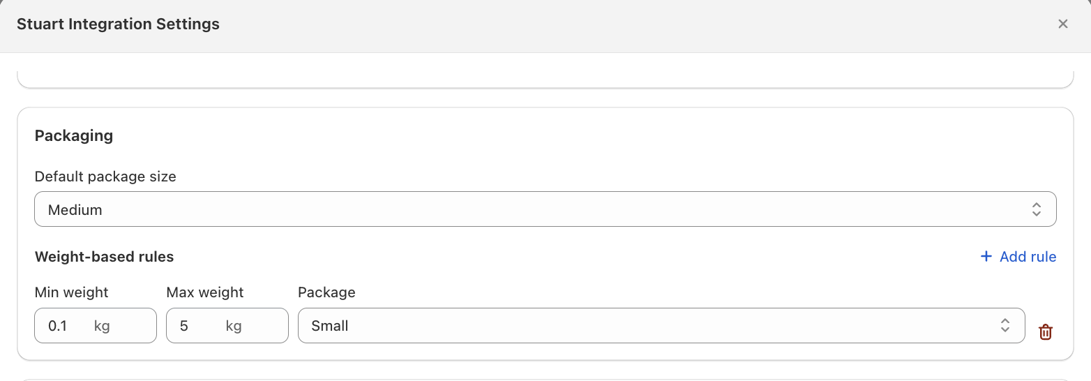 Set a default package size and weight-based packaging rules