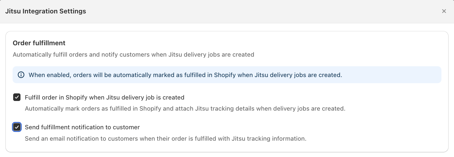 Order fulfillment panel with both toggles checked, showing the info note about automatic Shopify fulfillment
