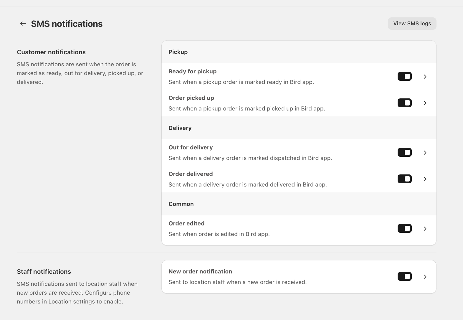 SMS Notifications page with a toggle for each customer and staff notification type