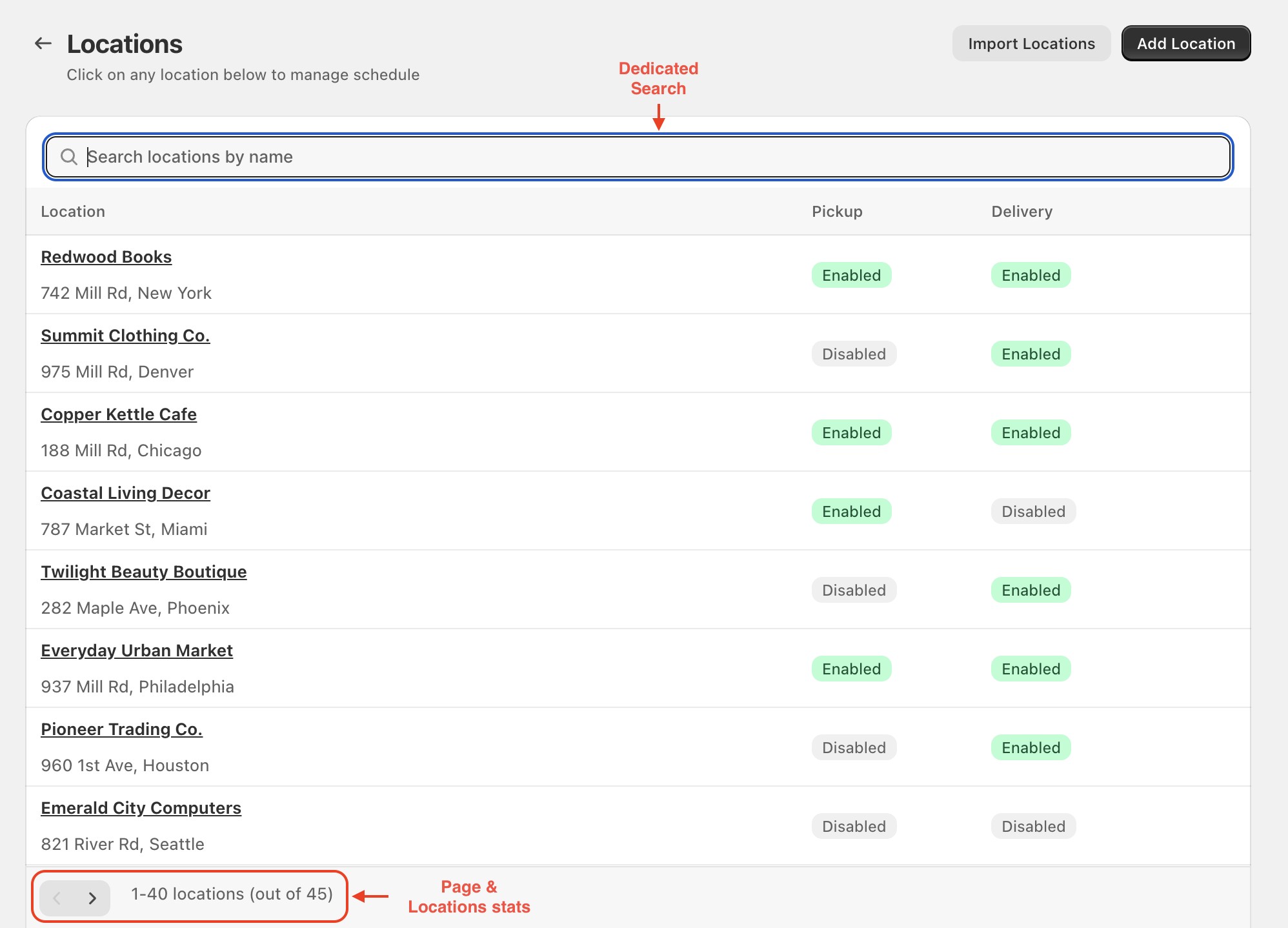 Search and pagination in the Bird locations list