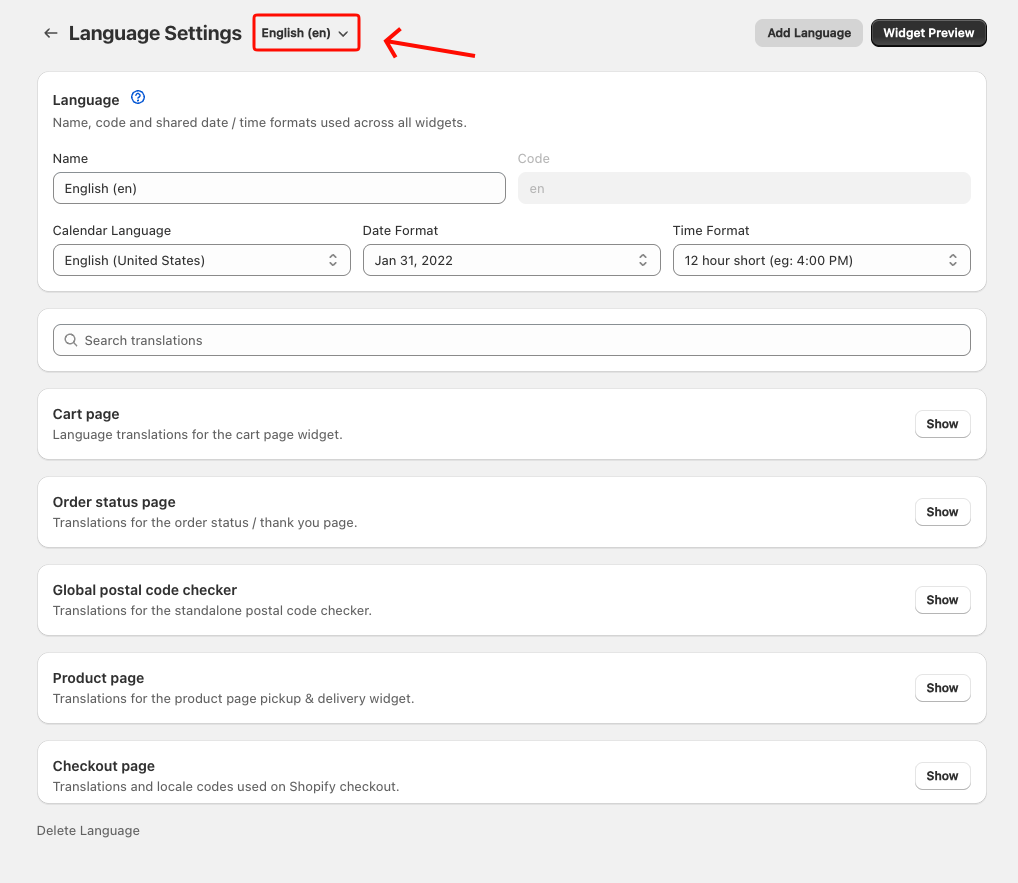 Language Settings page header showing the language dropdown next to the title, with Add Language and Widget Preview on the right