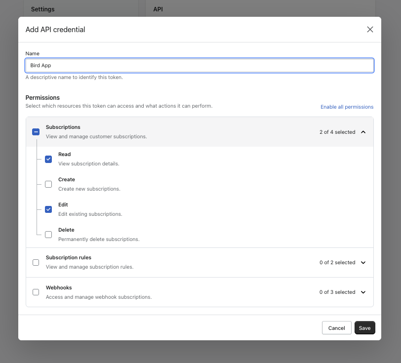 Seal Add API credential window with Subscriptions Read and Edit ticked