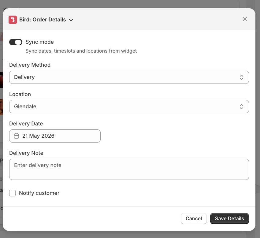 Draft order in Shopify admin with the schedule sync checkbox enabled