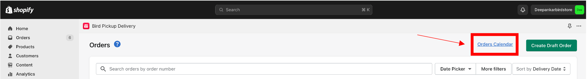 Orders page with the Orders Calendar link highlighted in the Shopify admin