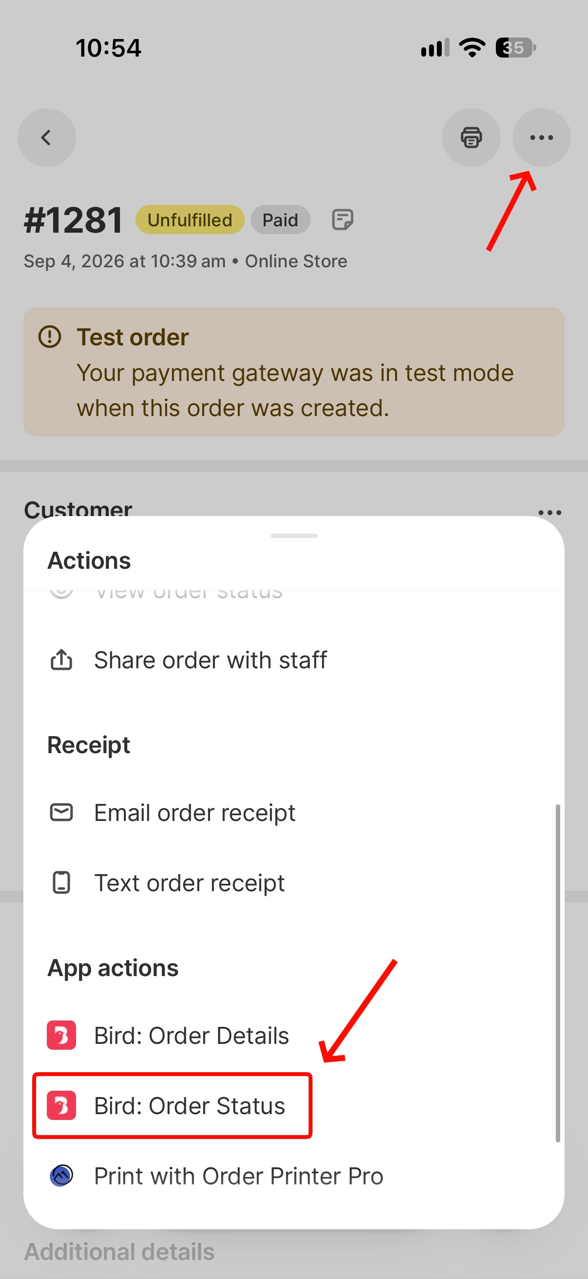 Shopify mobile app Actions sheet with Bird: Order Status highlighted under App actions