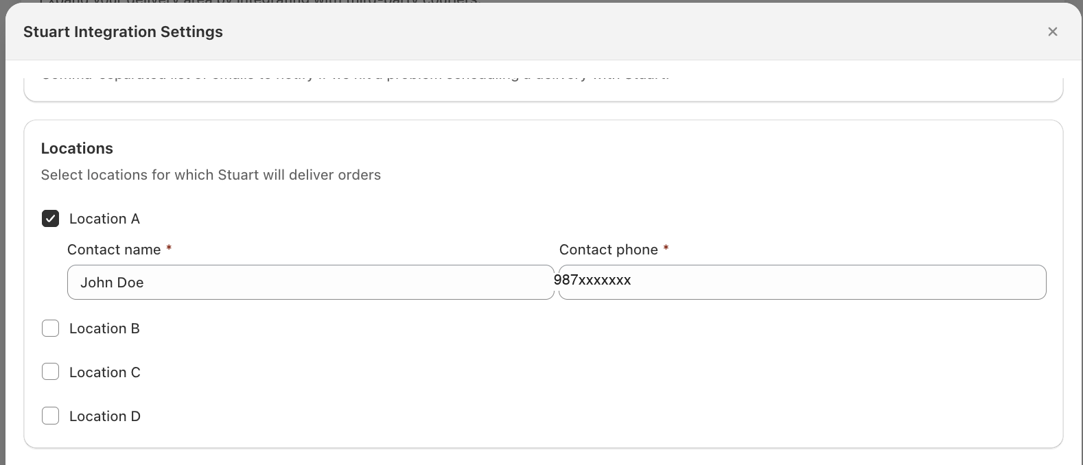 Stuart Integration Settings showing the Locations panel with one location ticked, Contact name and a masked Contact phone filled in