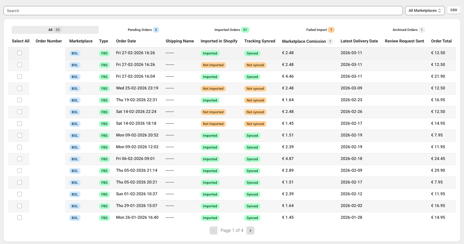 Market Sync orders page