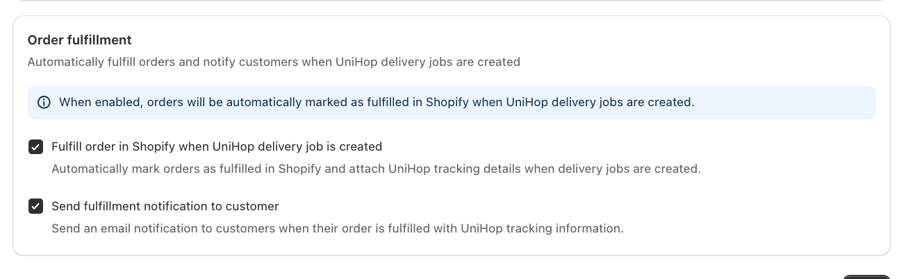 Order fulfillment panel with both toggles checked, showing the info note about automatic Shopify fulfillment