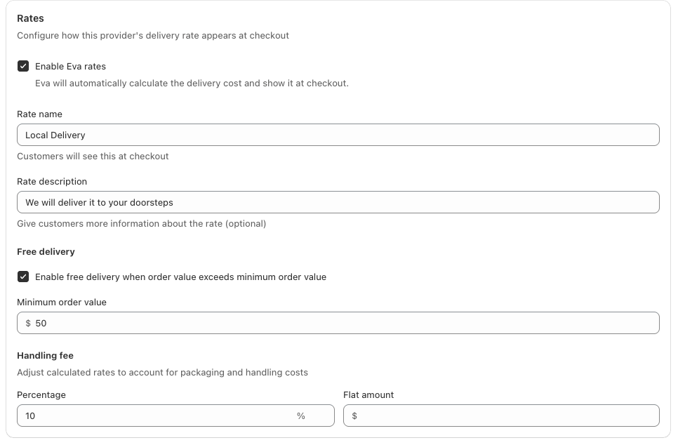 Configure Eva rate name, free delivery threshold, and handling fee