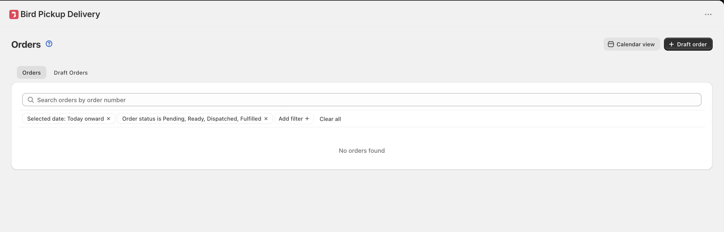 Shows the Orders page with the default "Selected date" and "Order status" filter pills below the search bar, plus the Add filter and Clear all controls