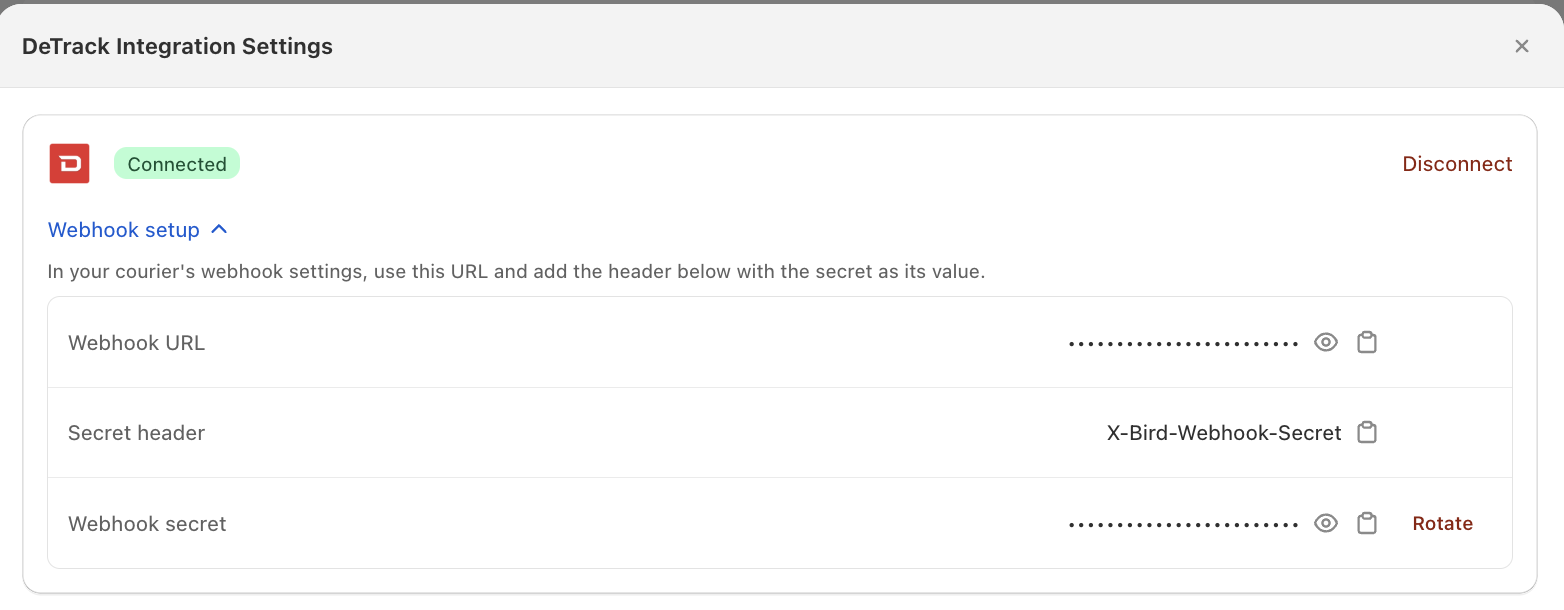 DeTrack Integration Settings with Webhook setup expanded, showing the masked Webhook URL, Secret header, and Webhook secret fields