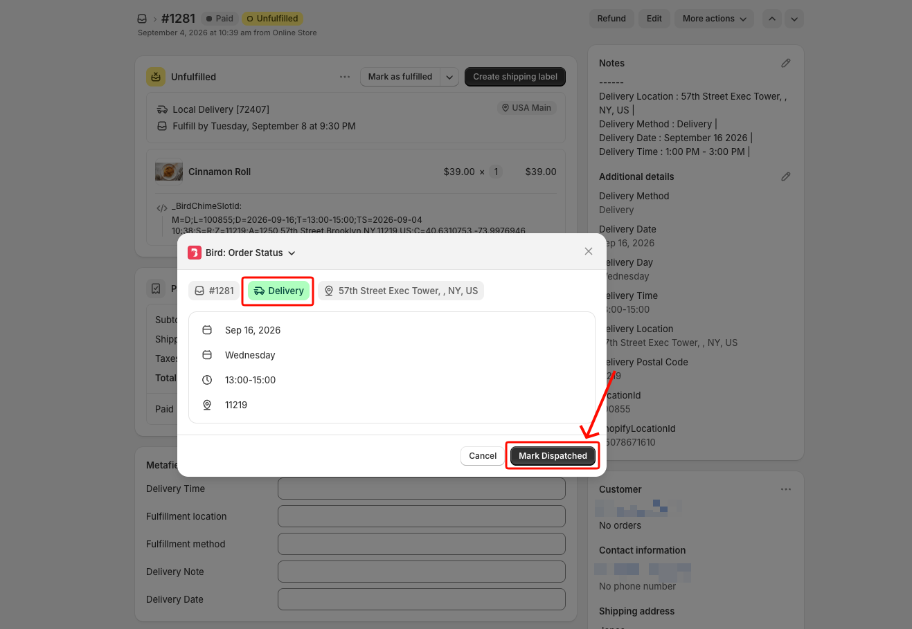Bird Order Status window on a delivery order, showing the Delivery badge, the scheduled date and time, and the Mark Dispatched button